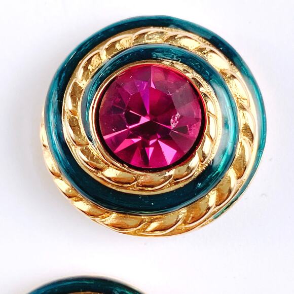 VTG Signed Swarovski Crystal Dome Stud Earrings 80s 90s Teal Enamel Fuchsia - Picture 11 of 14